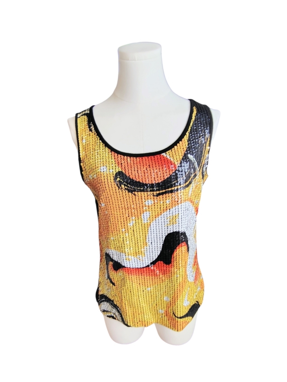 Peter Nygard Sequined Shiny Yellow Orange Black Swirly Tank Top Size Small